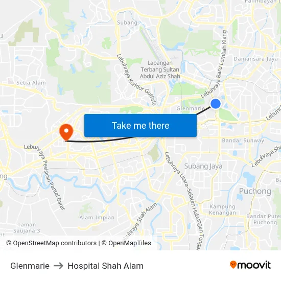 Glenmarie to Hospital Shah Alam map