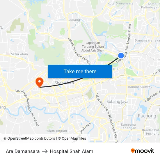 Ara Damansara to Hospital Shah Alam map