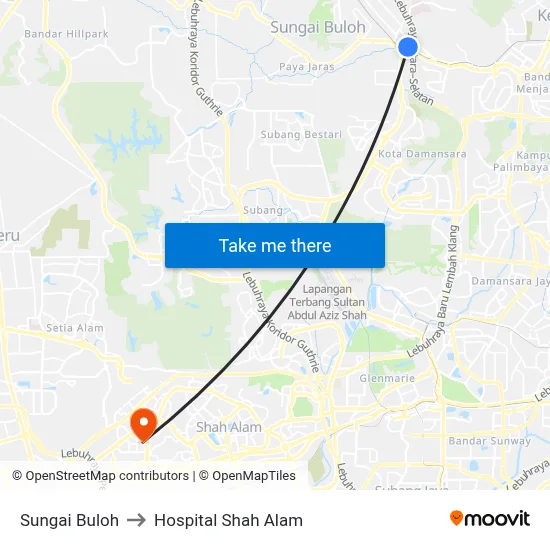 Sungai Buloh to Hospital Shah Alam map