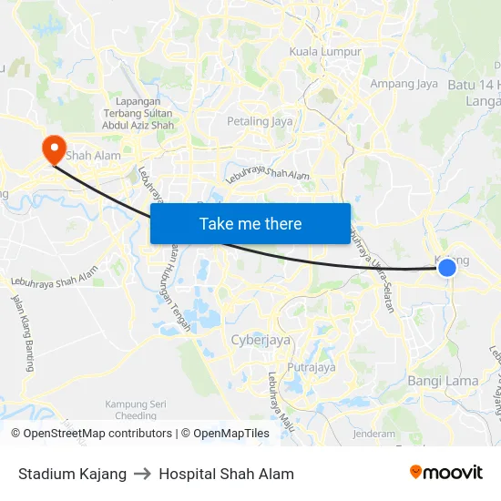 Stadium Kajang to Hospital Shah Alam map