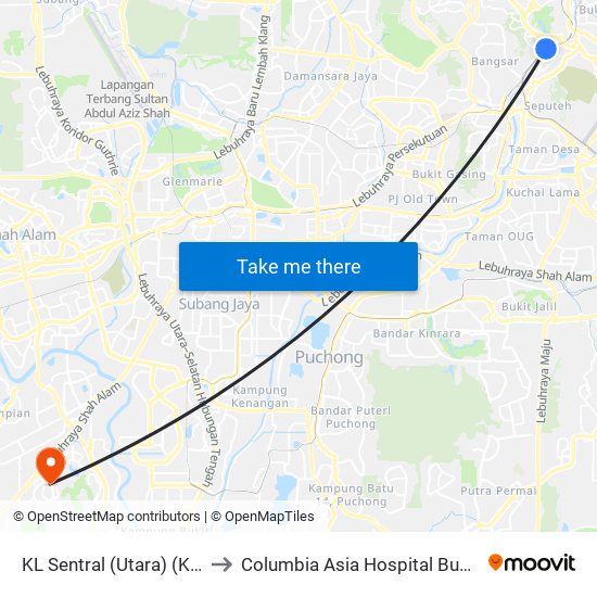 KL Sentral (Utara) (Kl1077) to Columbia Asia Hospital Bukit Rimau map