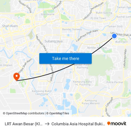 LRT Awan Besar (Kl2324) to Columbia Asia Hospital Bukit Rimau map