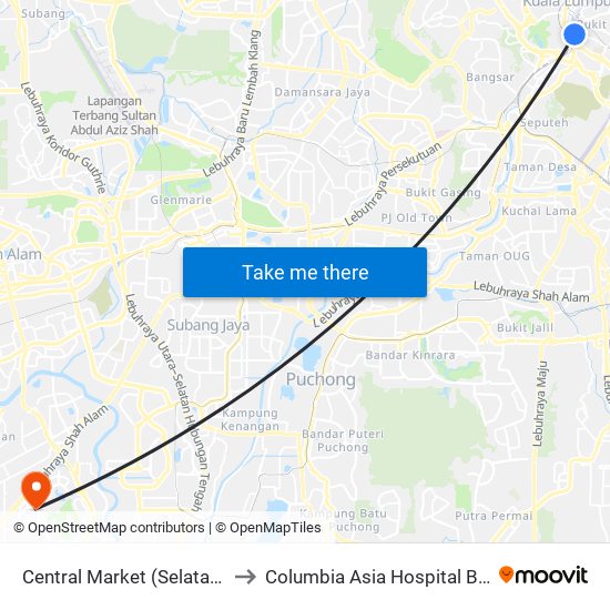 Central Market (Selatan) (Kl109) to Columbia Asia Hospital Bukit Rimau map