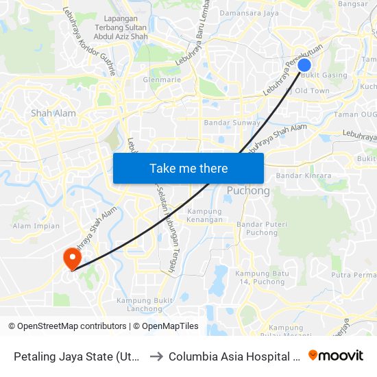 Petaling Jaya State (Utara) (Pj433) to Columbia Asia Hospital Bukit Rimau map