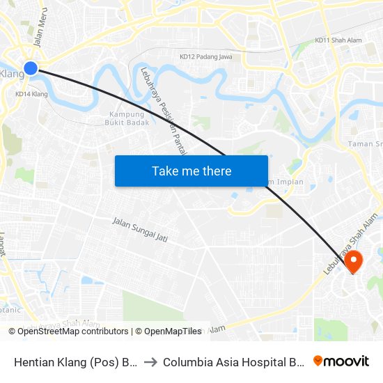 Hentian Klang (Pos) B (Bd664) to Columbia Asia Hospital Bukit Rimau map