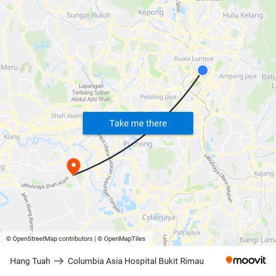 Hang Tuah to Columbia Asia Hospital Bukit Rimau map