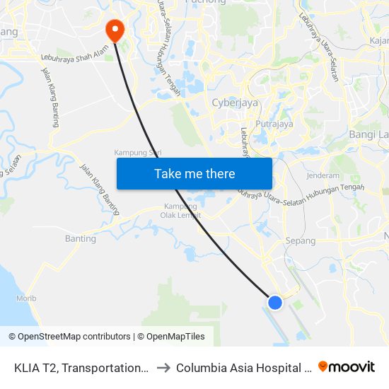 KLIA T2, Transportation Hub Level 1 to Columbia Asia Hospital Bukit Rimau map