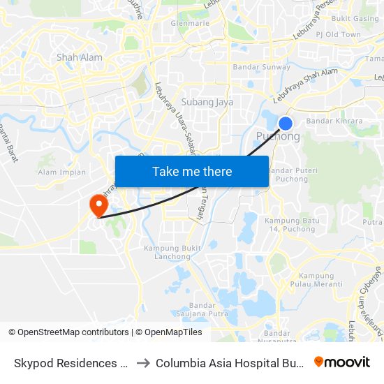 Skypod Residences (Sj447) to Columbia Asia Hospital Bukit Rimau map