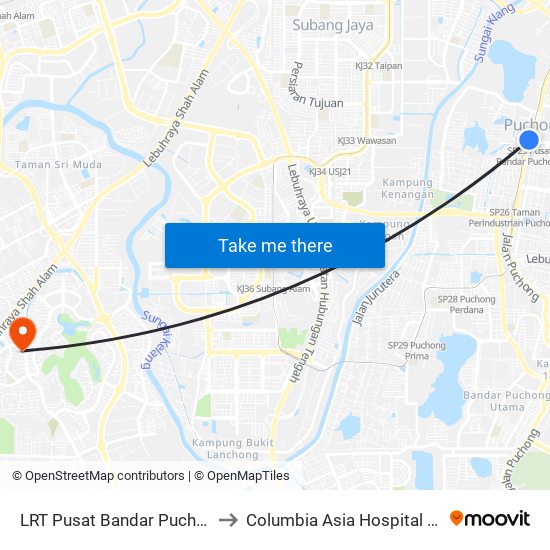 LRT Pusat Bandar Puchong (Sj735) to Columbia Asia Hospital Bukit Rimau map