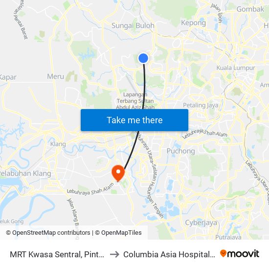 MRT Kwasa Sentral, Pintu A (Sa1020) to Columbia Asia Hospital Bukit Rimau map