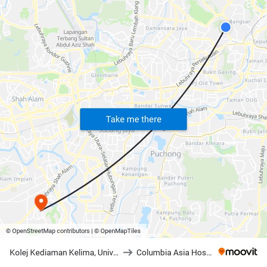 Kolej Kediaman Kelima, Universiti Malaya (Kl2343) to Columbia Asia Hospital Bukit Rimau map
