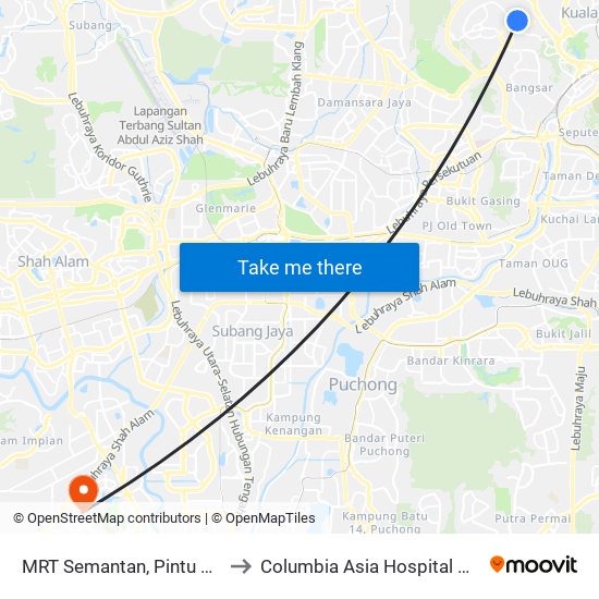 MRT Semantan, Pintu B (Kl1174) to Columbia Asia Hospital Bukit Rimau map