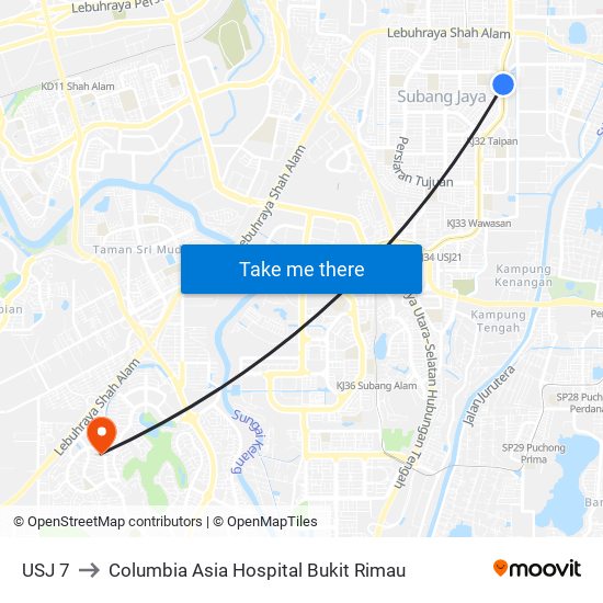 USJ 7 to Columbia Asia Hospital Bukit Rimau map