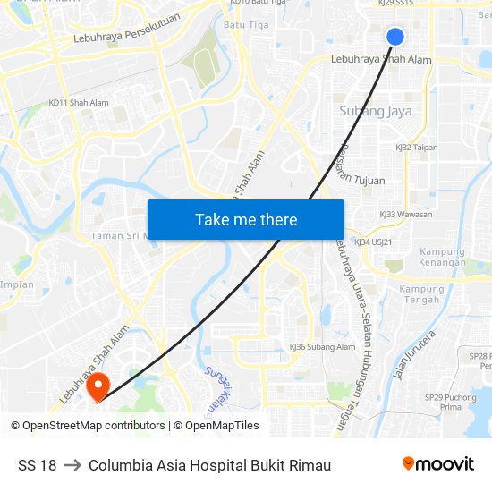 SS 18 to Columbia Asia Hospital Bukit Rimau map