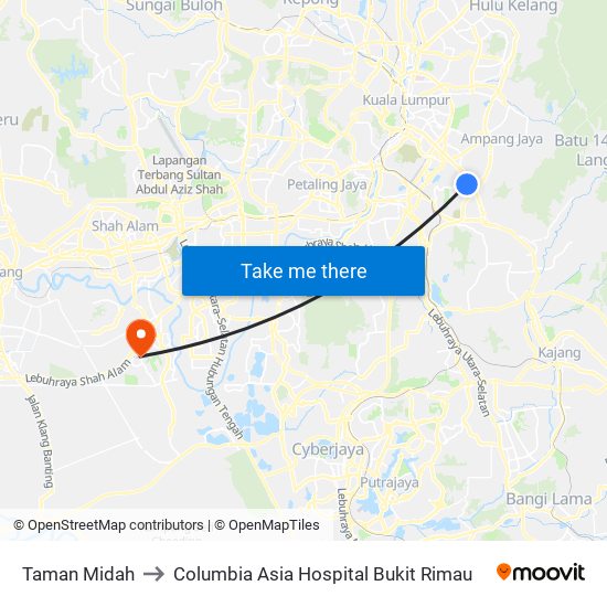 Taman Midah to Columbia Asia Hospital Bukit Rimau map