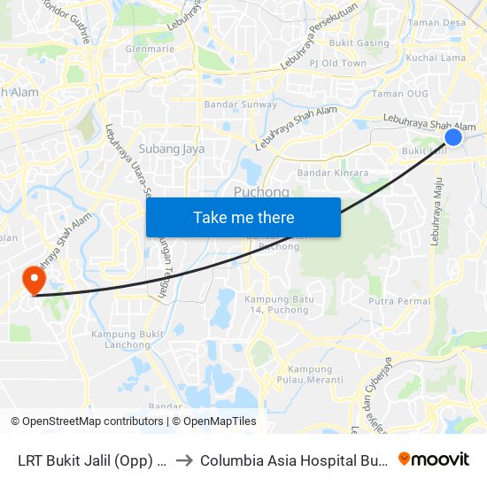 LRT Bukit Jalil (Opp) (Kl151) to Columbia Asia Hospital Bukit Rimau map