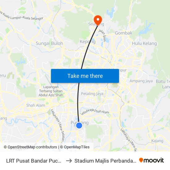 LRT Pusat Bandar Puchong (Sj735) to Stadium Majlis Perbandaran Selayang map