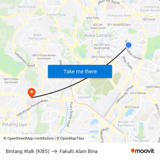 Bintang Walk (Kl85) to Fakulti Alam Bina map
