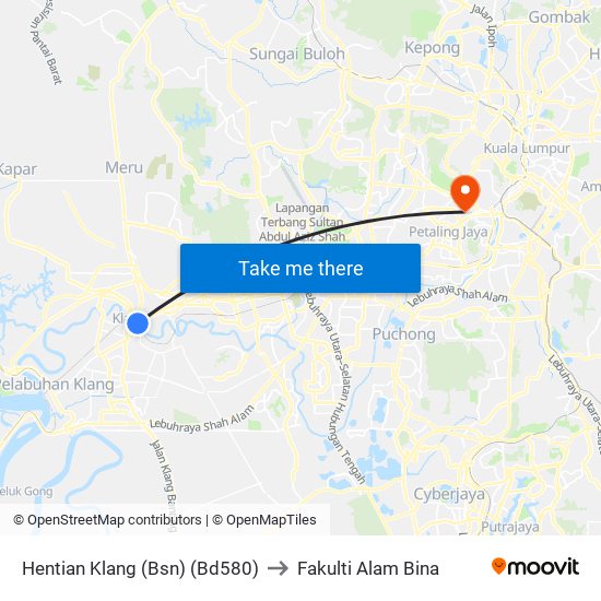 Hentian Klang (Bsn) (Bd580) to Fakulti Alam Bina map