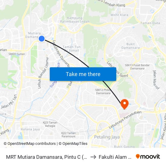 MRT Mutiara Damansara, Pintu C (Pj814) to Fakulti Alam Bina map