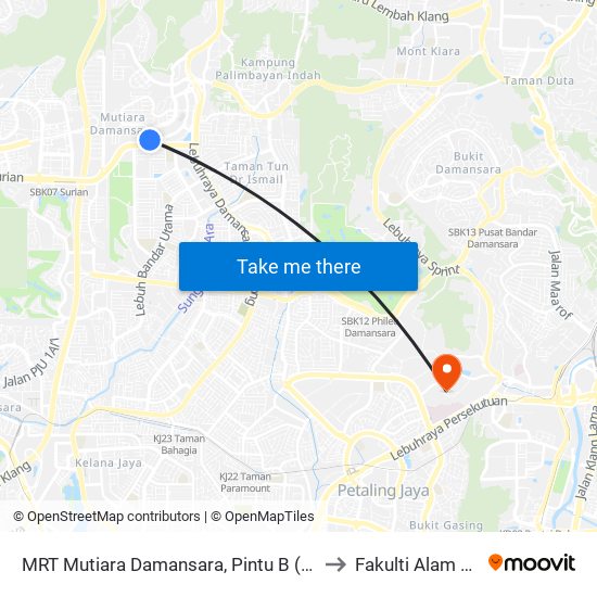 MRT Mutiara Damansara, Pintu B (Pj809) to Fakulti Alam Bina map