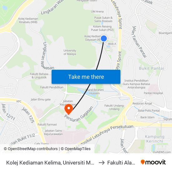 Kolej Kediaman Kelima, Universiti Malaya (Kl2343) to Fakulti Alam Bina map