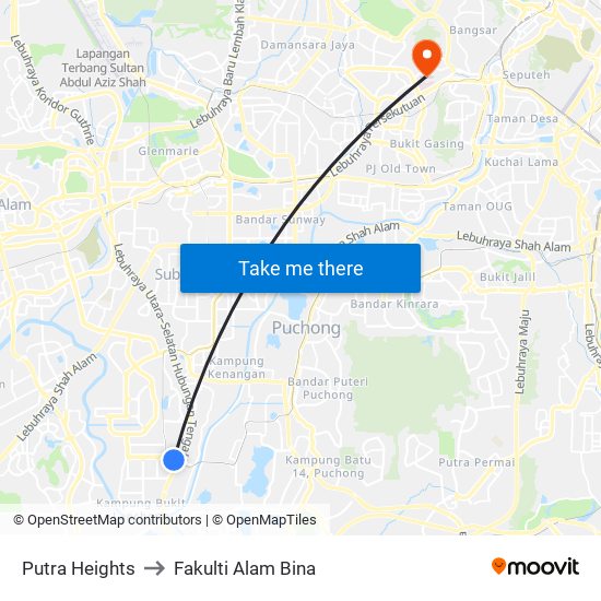 Putra Heights to Fakulti Alam Bina map