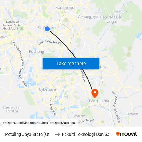 Petaling Jaya State (Utara) (Pj433) to Fakulti Teknologi Dan Sains Maklumat map