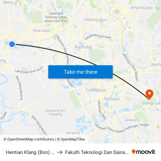Hentian Klang (Bsn) (Bd580) to Fakulti Teknologi Dan Sains Maklumat map