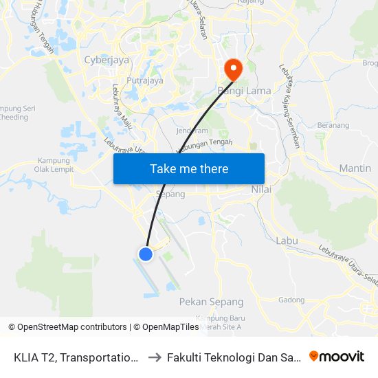 KLIA T2, Transportation Hub Level 1 to Fakulti Teknologi Dan Sains Maklumat map