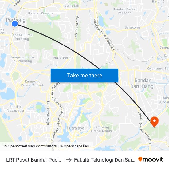 LRT Pusat Bandar Puchong (Sj735) to Fakulti Teknologi Dan Sains Maklumat map