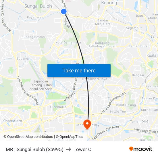 MRT Sungai Buloh (Sa995) to Tower C map