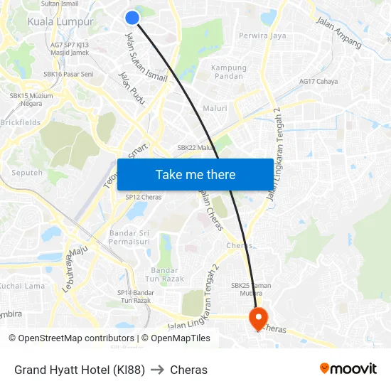 Grand Hyatt Hotel (Kl88) to Cheras map