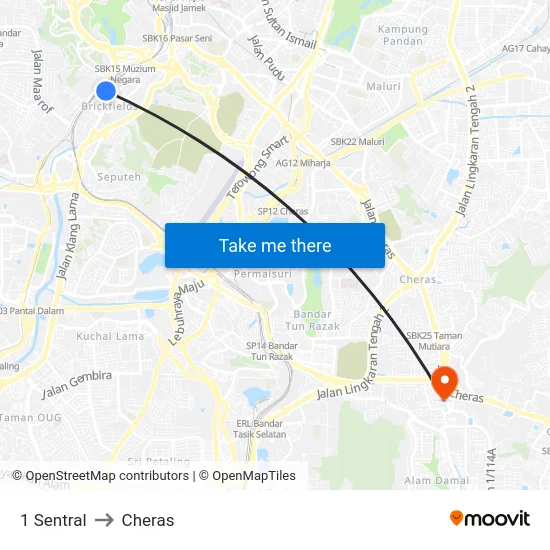 1 Sentral to Cheras map