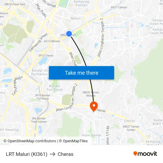 LRT Maluri (Kl361) to Cheras map