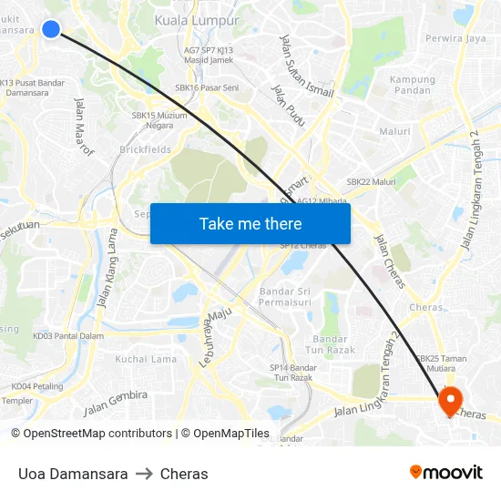Uoa Damansara to Cheras map