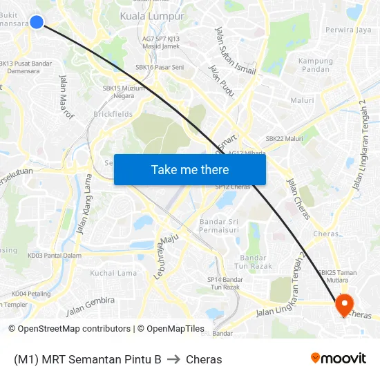 (M1) MRT Semantan Pintu B to Cheras map