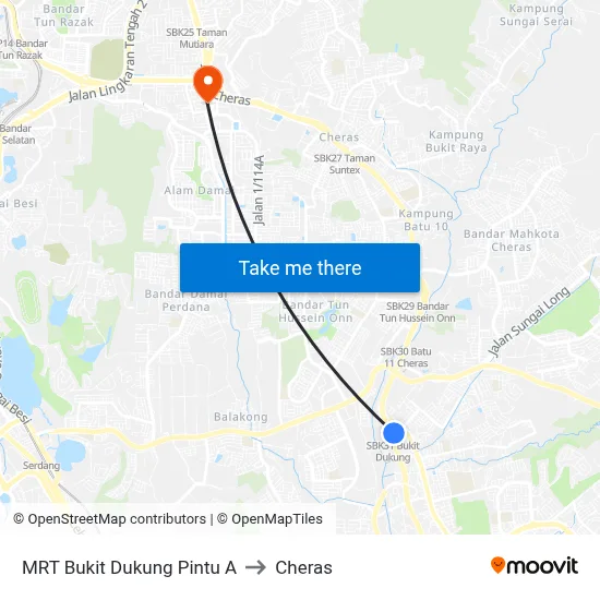 MRT Bukit Dukung Pintu A to Cheras map