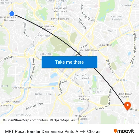 MRT Pusat Bandar Damansara Pintu A to Cheras map