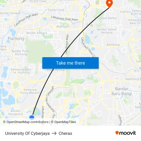 University Of Cyberjaya to Cheras map