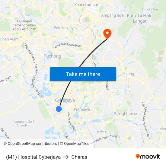 (M1) Hospital Cyberjaya to Cheras map