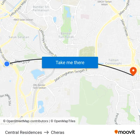 Central Residences to Cheras map