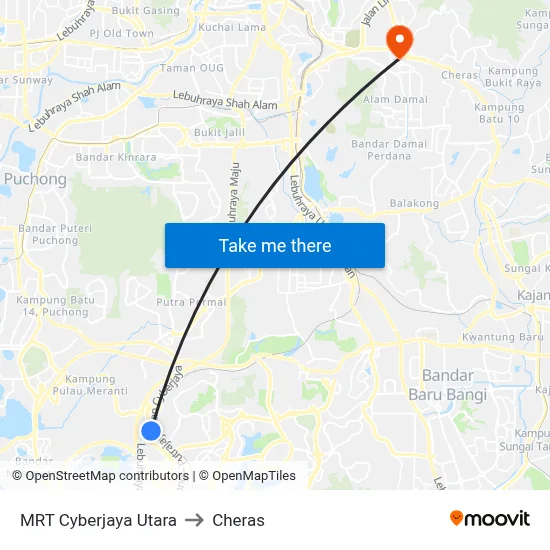 MRT Cyberjaya Utara to Cheras map