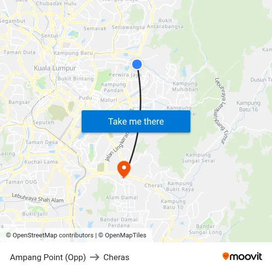 Ampang Point (Opp) to Cheras map