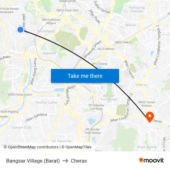 Bangsar Village (Barat) to Cheras map