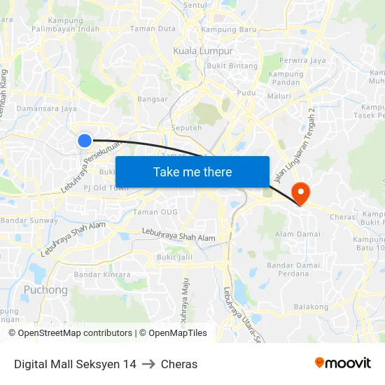 Digital Mall Seksyen 14 to Cheras map
