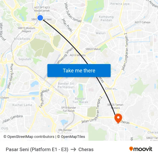 Pasar Seni (Platform E1 - E3) to Cheras map