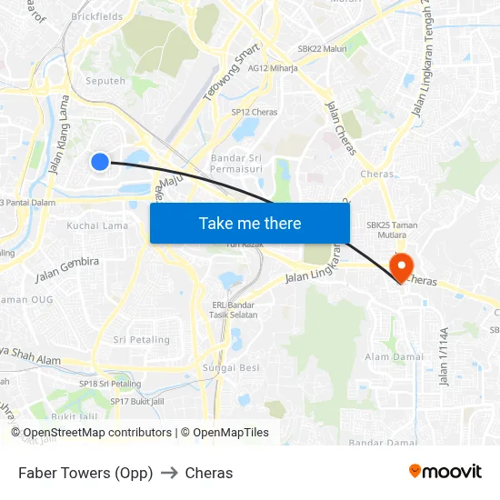 Faber Towers (Opp) to Cheras map