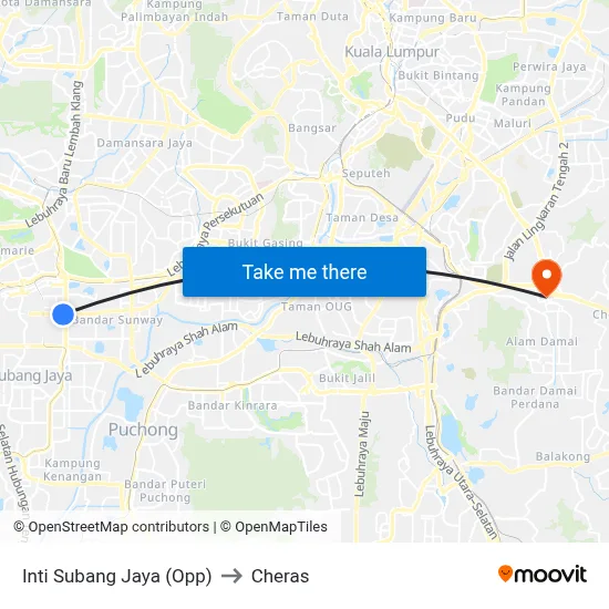 Inti Subang Jaya (Opp) to Cheras map