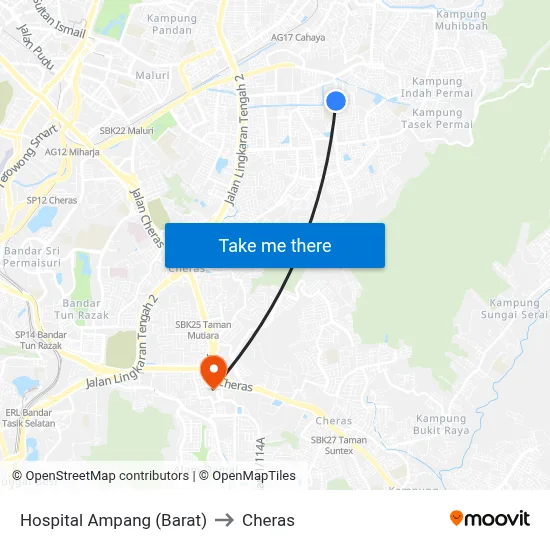 Hospital Ampang (Barat) to Cheras map